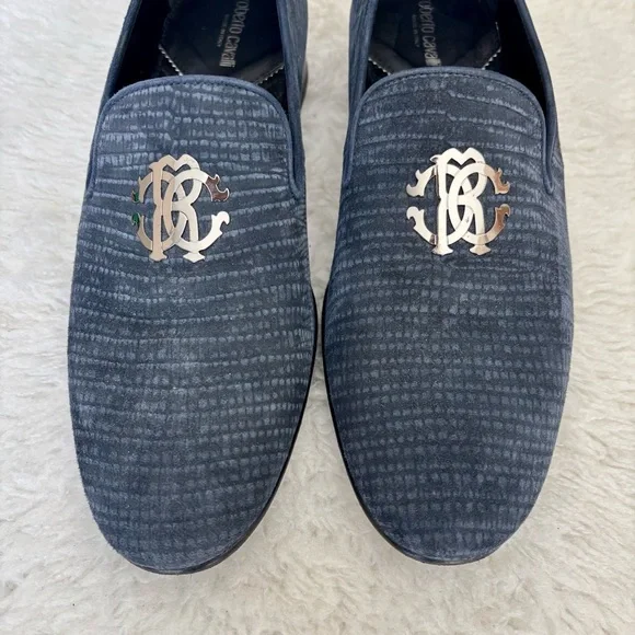 Roberto Cavalli Textured Navy Silver Logo Slip On Men’sshoes size 41 US 8